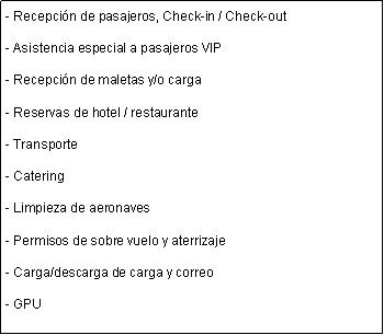 Cuadro de texto: - Recepcin de pasajeros, Check-in / Check-out- Asistencia especial a pasajeros VIP- Recepcin de maletas y/o carga- Reservas de hotel / restaurante- Transporte- Catering- Limpieza de aeronaves - Permisos de sobre vuelo y aterrizaje- Carga/descarga de carga y correo- GPU 