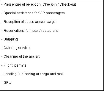 Cuadro de texto: - Passenger of reception, Check-in / Check-out- Special assistance for VIP passengers- Reception of cases and/or cargo- Reservations for hotel / restaurant- Shipping- Catering service- Cleaning of the aircraft- Flight  permits - Loading / unloading of cargo and mail- GPU 